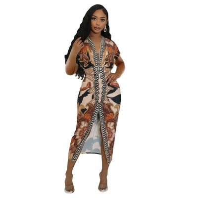 Fashionable Short Sleeve V-Neck Printed Slim Fit African Style Women's Dress K10822 Cross-Border Elegant Chic Dress
