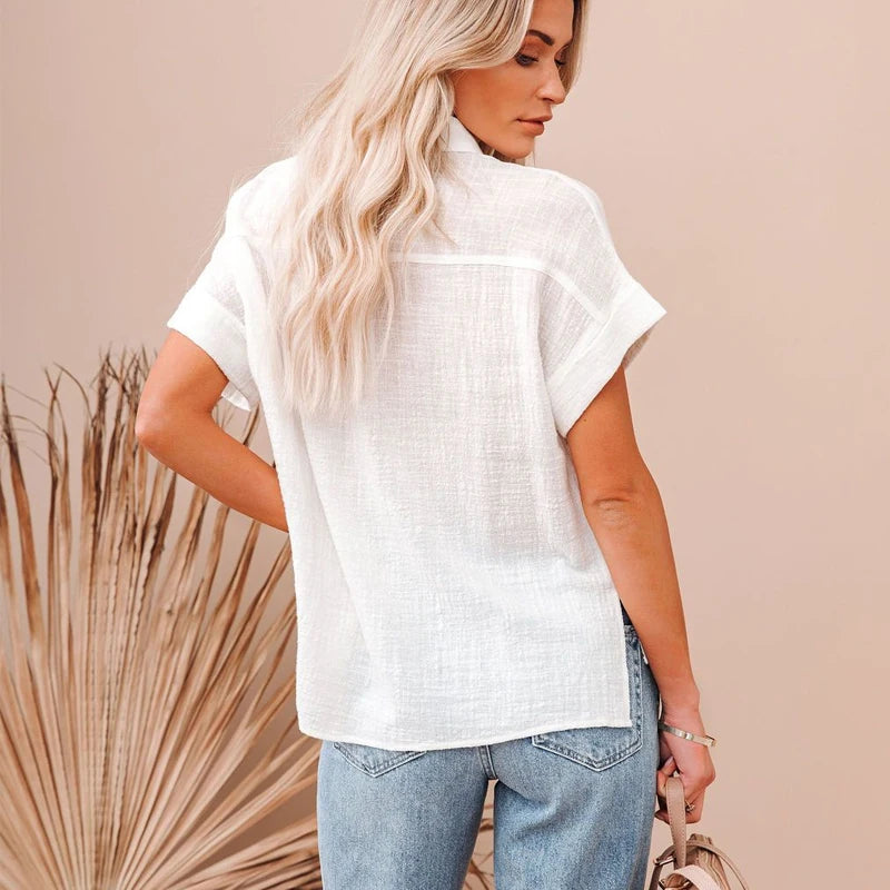 Women's Cotton Linen Shirt Short Sleeves Casual Tops Elegant Blouses Summer Shirts for Women 21929