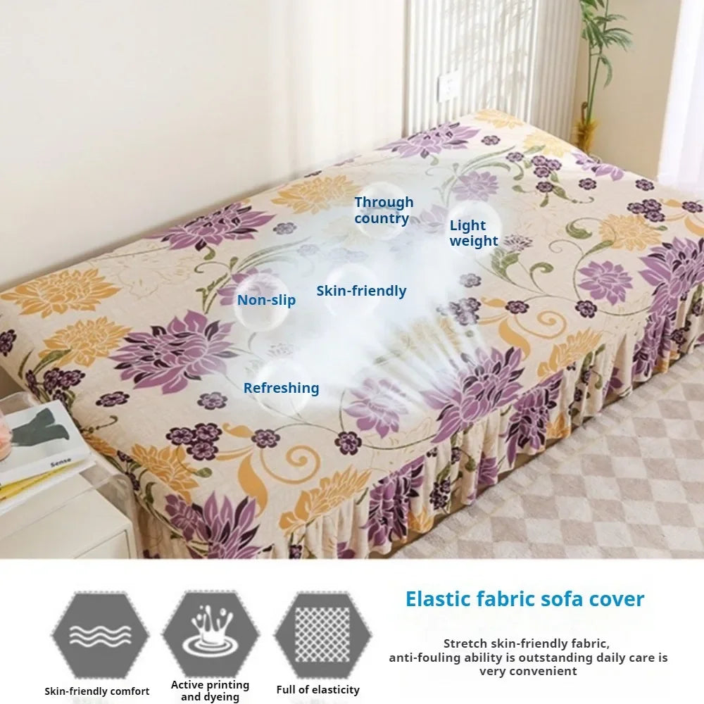 1/2/3Seater Sofa Bed Cover with Skirt Elastic Printing Seat Cover Armless Sofa Bed Cover Sofa Covers for Living Room Home Decor
