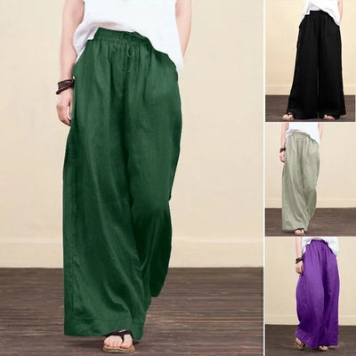 Women Wide Leg Pants Solid Loose Length Pants Cotton Linen Elastic Waist Casual Pants Vintage Mid Waist Pants 5XL