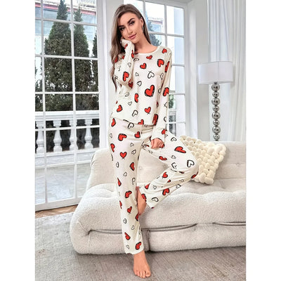 Sleepwear Women's Black Love Print Long Sleeve Trousers Student Loungewear Pajama Set Girl O-Neck Fashion Soft Casual Nightwear