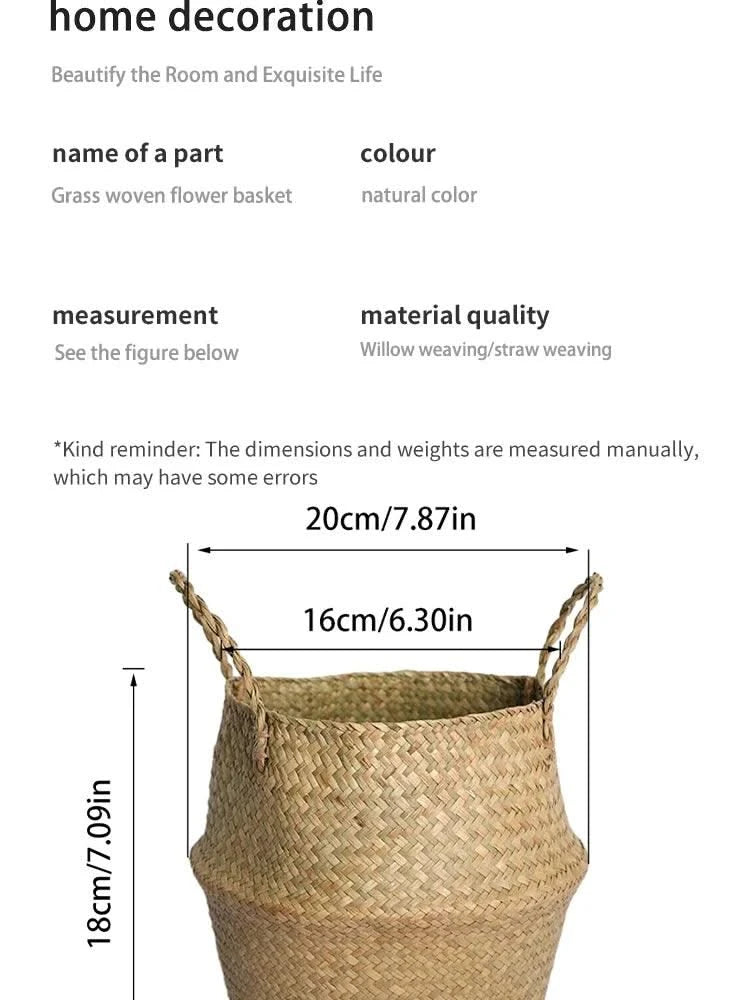 Wicker Basket Toy Organizer Folding Rattan Seagrass Storage Basket Laundry Woven Basket Plant Flower Pot For Home Garden