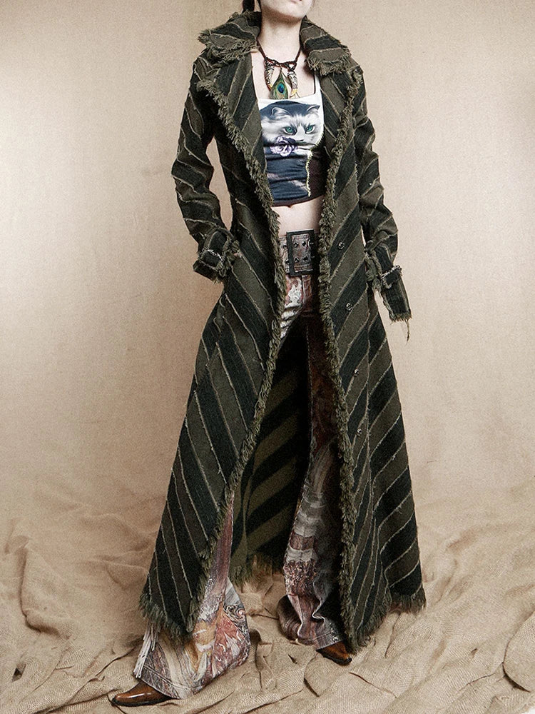 [Vibe] Women Blue Striped Burr Denim Long Trench New Turtleneck Long Sleeve Windbreaker Fashion Tide Spring Autumn 2025