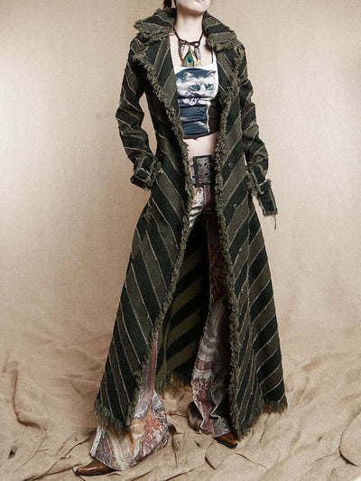 [Vibe] Women Blue Striped Burr Denim Long Trench New Turtleneck Long Sleeve Windbreaker Fashion Tide Spring Autumn 2025