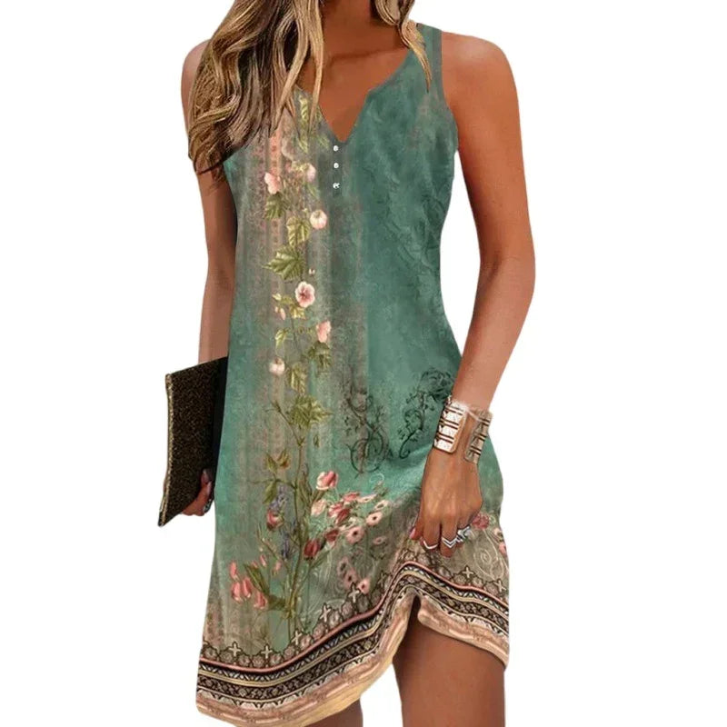 2025 Bohemian Midi Dress For Women Summer Fashion Print V-neck Sleeveless A-line Dresses Casual Elegant Ladies Plus Size Vestido