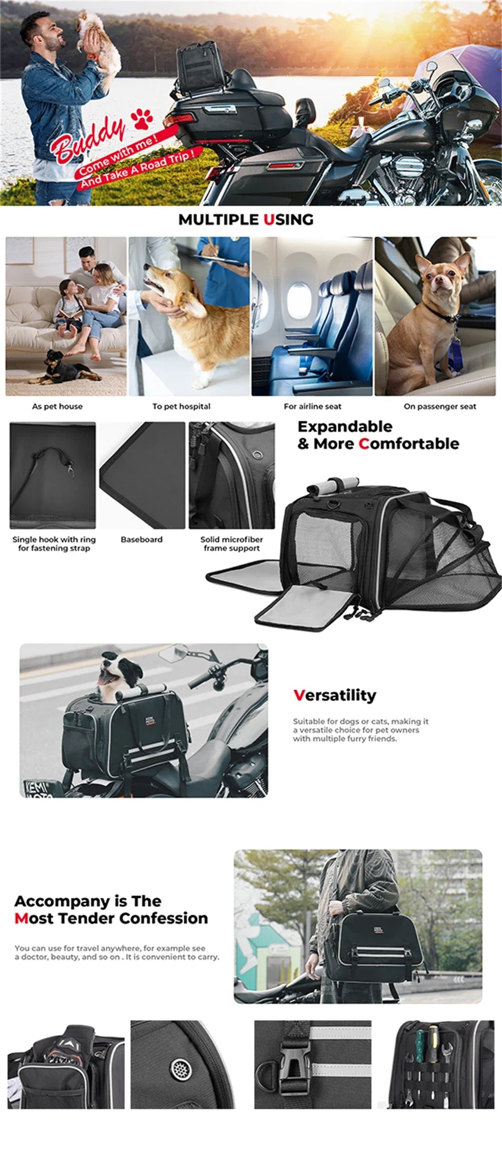 Motorcycle Pet Carrier Bag Cat Dog Pet Carrier Airline Approved Portable Cat Dog Travel Carrier For Luggage Rack Passenger Seat