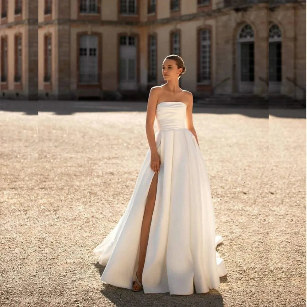 Simple White Wedding Dresses Long Sleeve High Neck