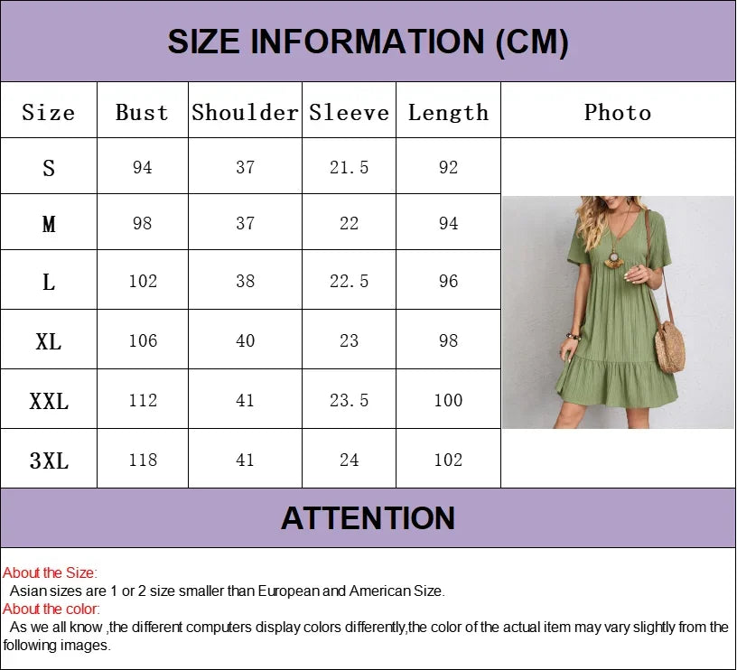 Women Mini Dress Summer Casual Solid V Neck Ruffles A-line Dress Female Fashion Holiday Boho Loose Beach Elegant Dresses Vestido