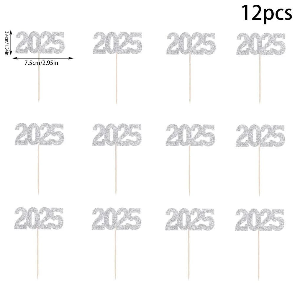 12pc Glitter 2025 Number Cupcake Toppers Happy New Year Party Cake Decoration Christmas Graduation Party Cake Toppers Home Items