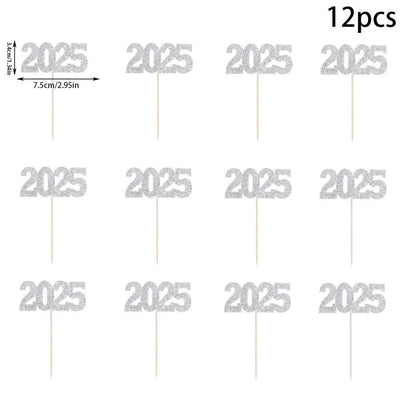 12pc Glitter 2025 Number Cupcake Toppers Happy New Year Party Cake Decoration Christmas Graduation Party Cake Toppers Home Items