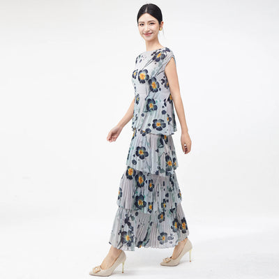 Women Dresses For Summer 2025 Miyake Pleated Dress Summer Fashion Holiday Style Printed Stretch Cake Dress