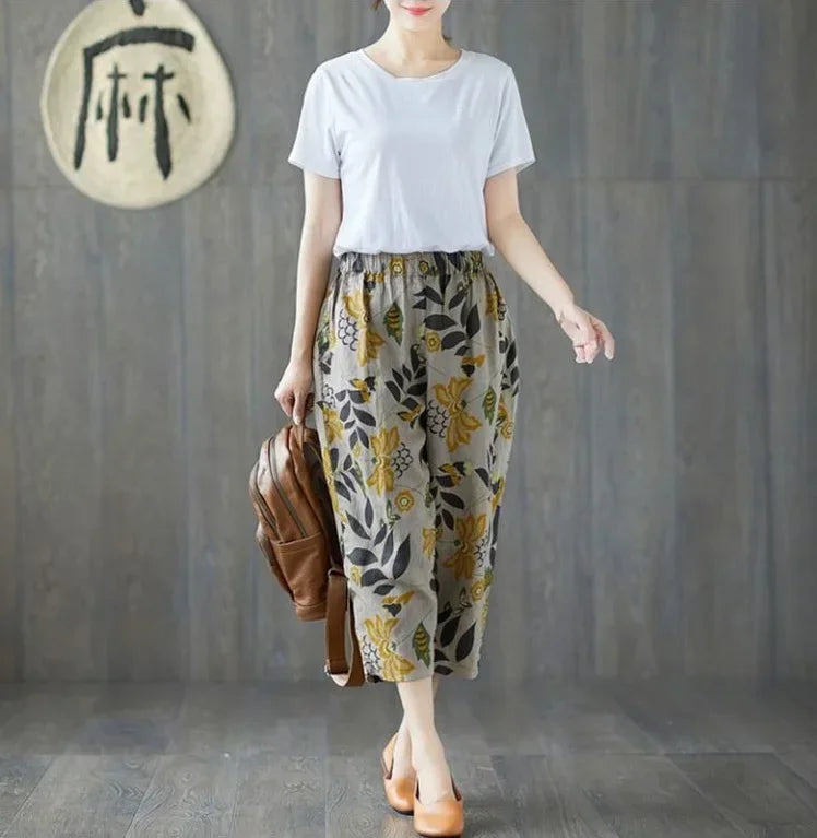 Casual Wide Leg Pants Women Summer Harem Pants for Women Retro Fashion Print Loose Cotton Linen Pants Printed Ankle-Length Pants