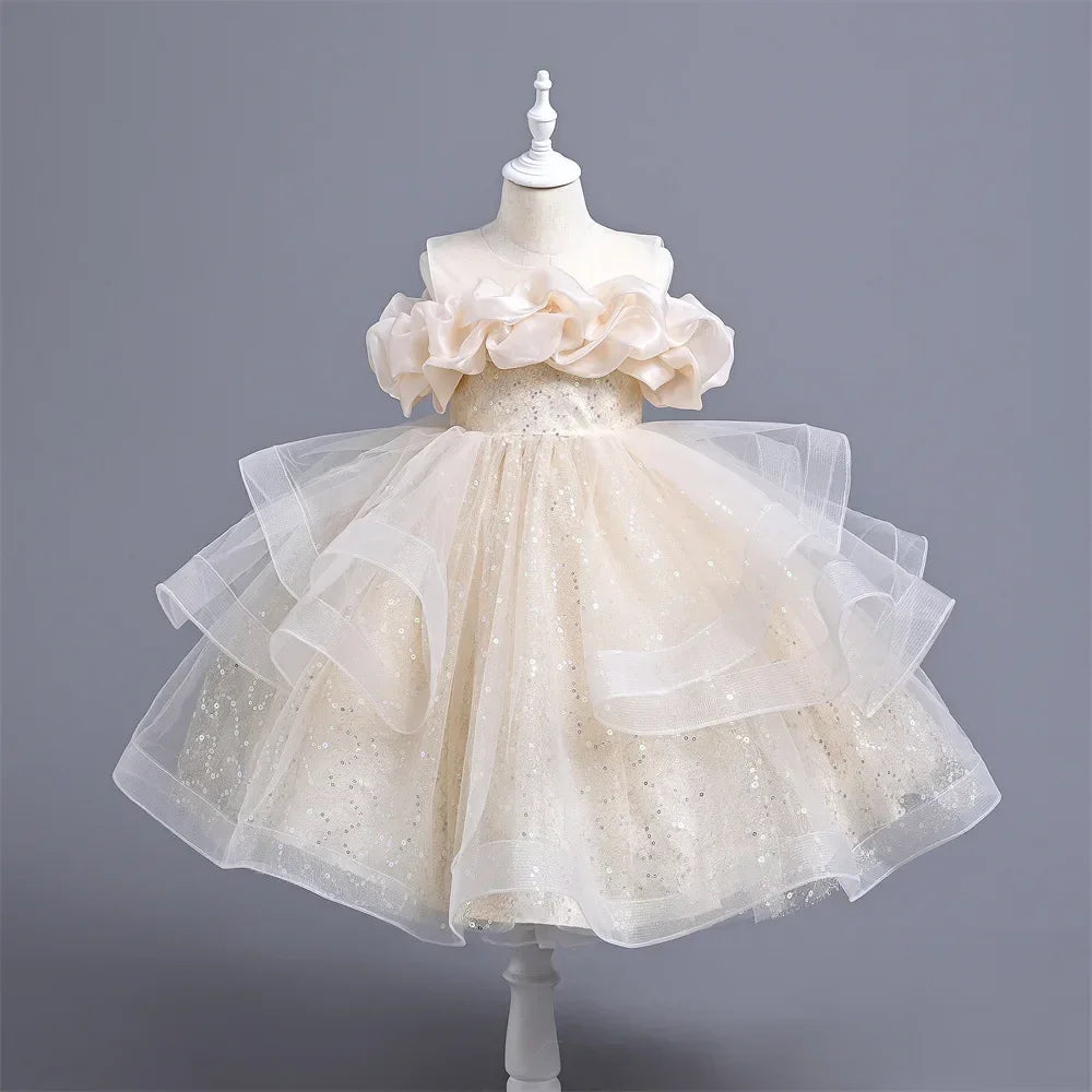 New Girl's Wedding Evening Dress Petal Sequin Mesh Sleeveless Dress Birthday Party School Graduation Party Dress