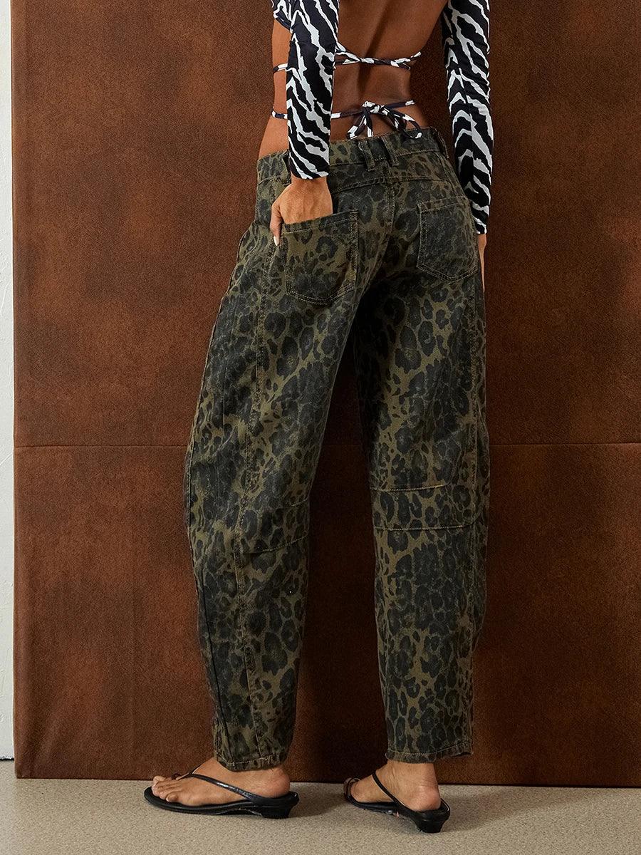 Leopard Barrel Jeans Women Cheetah Print Baggy Boyfriend Jeans Pants Vintage Mid Rise Wide Leg Denim Tapered Jeans