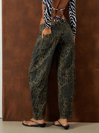 Leopard Barrel Jeans Women Cheetah Print Baggy Boyfriend Jeans Pants Vintage Mid Rise Wide Leg Denim Tapered Jeans