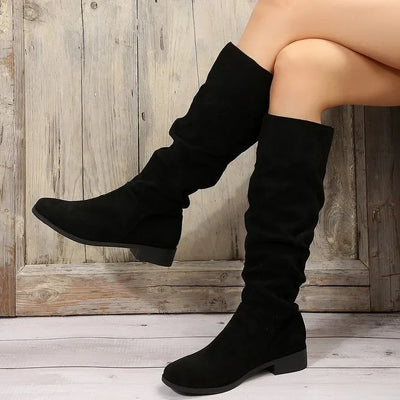 Women's fashion boots stylish round-toed designer high boots, simple nude pleated plus-size women's boots for autumn and winter