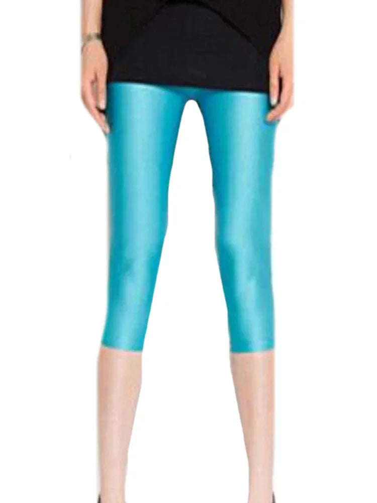 CUHAKCI Fluorescent Color Women Leggings Shiny Leggins Spandex Pants Summer Super Elastic Fitness Capris
