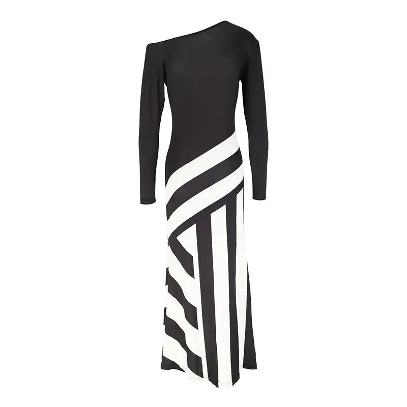 New Women Maxi Dresses Autumn Streetwear Fashion Black White Patchwork Casual Slim Dresses Elegant Female Knitted Dress Clothing