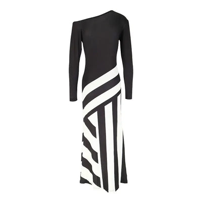 New Women Maxi Dresses Autumn Streetwear Fashion Black White Patchwork Casual Slim Dresses Elegant Female Knitted Dress Clothing