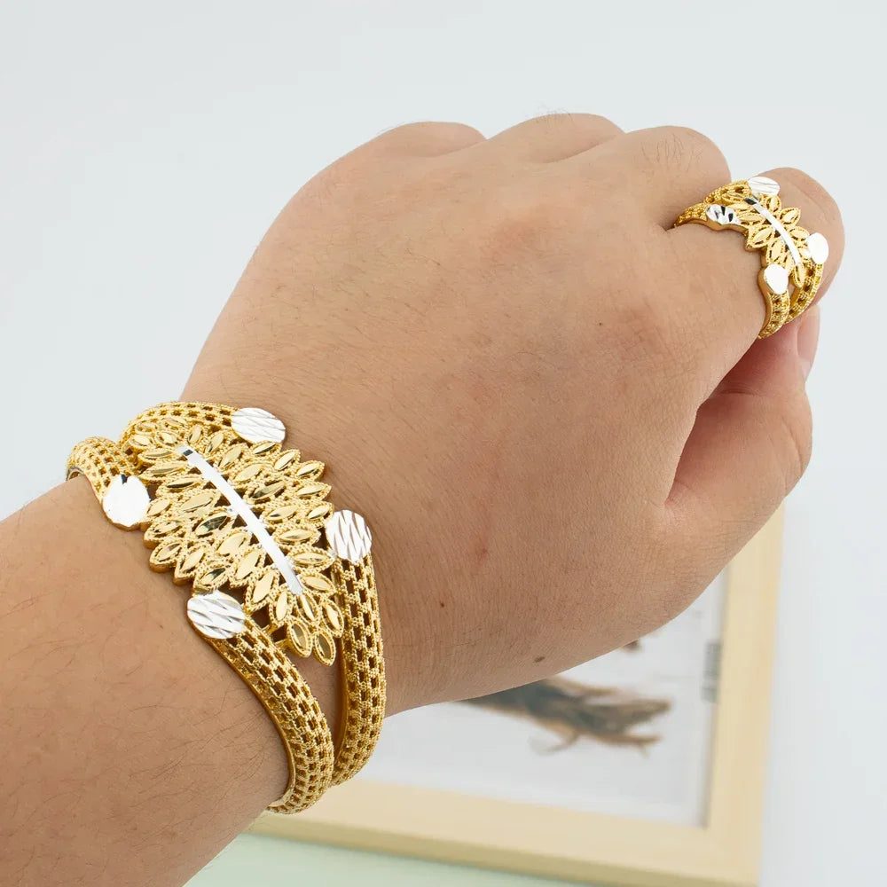 Luxury Bracelet Rings Dubai France Female 18k Gold Color Bangles For Women Bride Bangles Wedding Bracelet with Rings