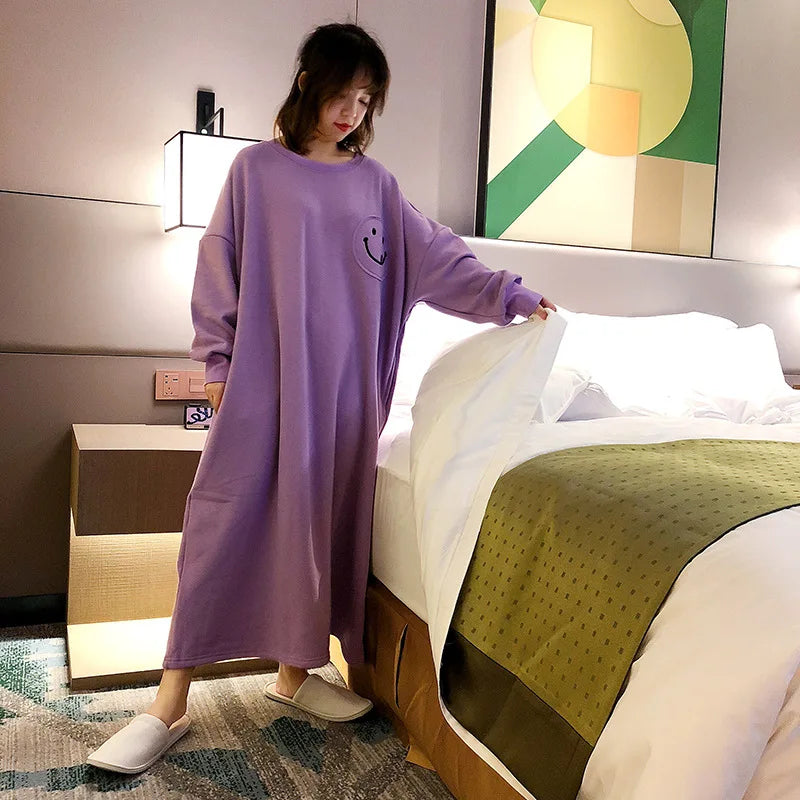 Female Loungewear Smiley Face Autumn Winter German Fleece Thickened Warm Long Nightgown Women Wearable Outdoors Lady Pajamas