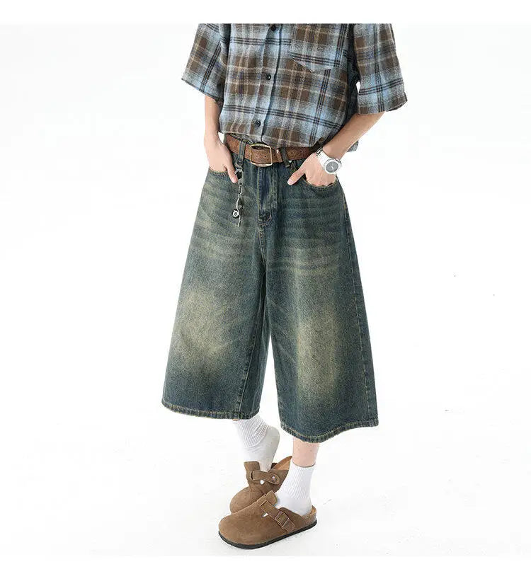 Trendy High-Waisted Wide-Leg Cropped Jeans for Men 2025 Summer Casual Stretch Denim Capri Pants Comfort Fit & Stylish Outfit 8XL
