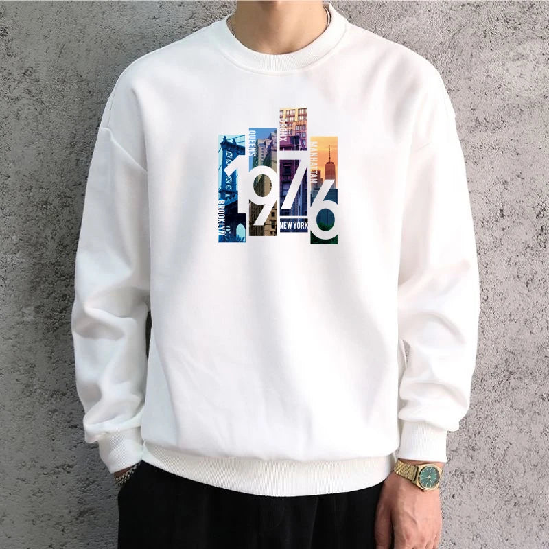 Men White Graphic Sweatshirts 1976 Printed Long Sleeve T-shirt Cotton Hiphop Tees Sports Top Men Clothing Comfortable Breathable
