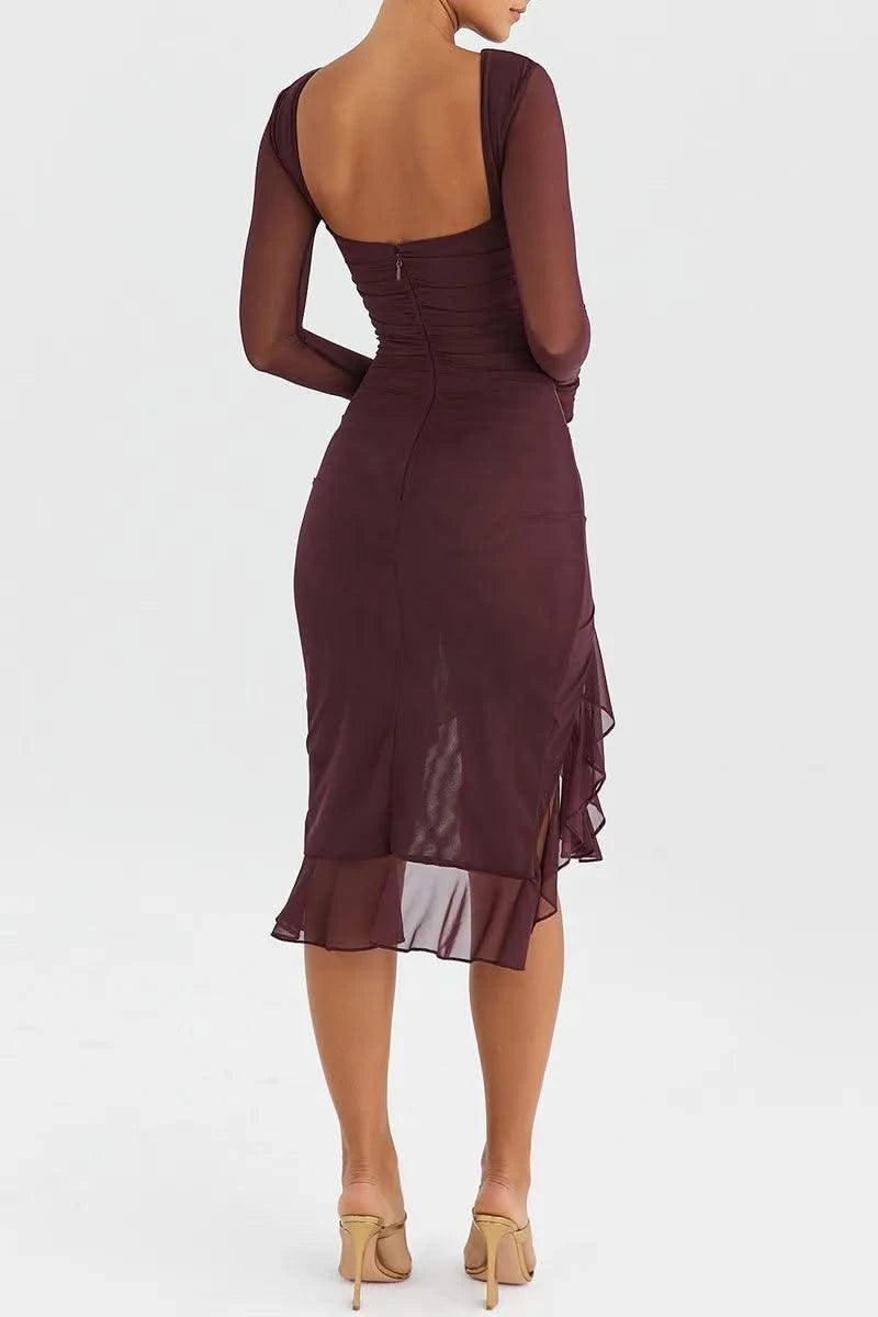 Ruffle Ruched Midi Dress For Women