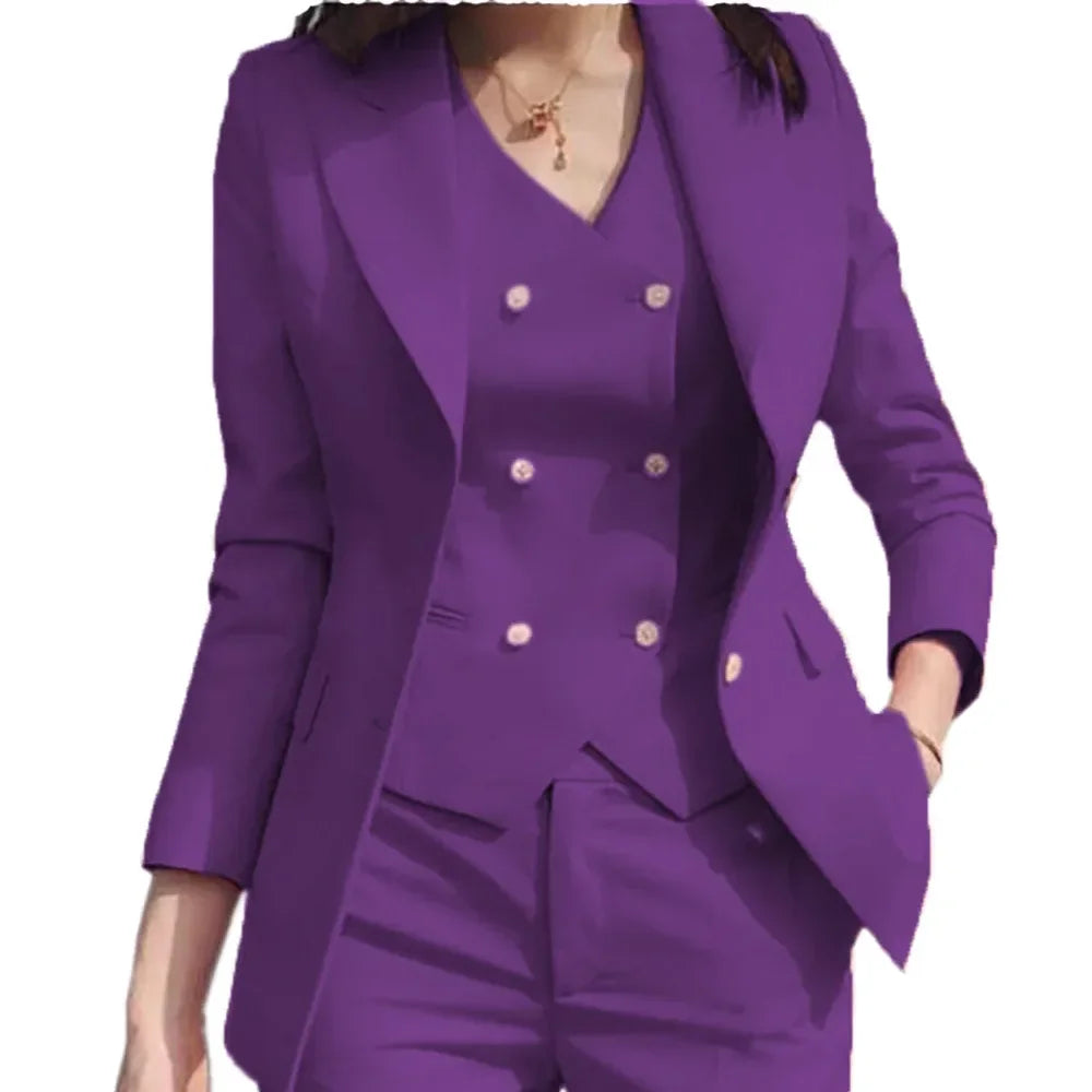 Elegant Purple Office Lady Two 3 Piece Set Outfits Up Blazer Vest Pants Suit Street Women Tracksuit