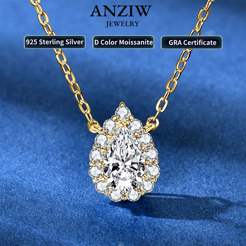 S925 Teardrop Necklace 1.0CT Pear Cut D Moissanite Pendant Necklaces for Women 925 Silver Adjustable Chain GRA Certified Jewelry