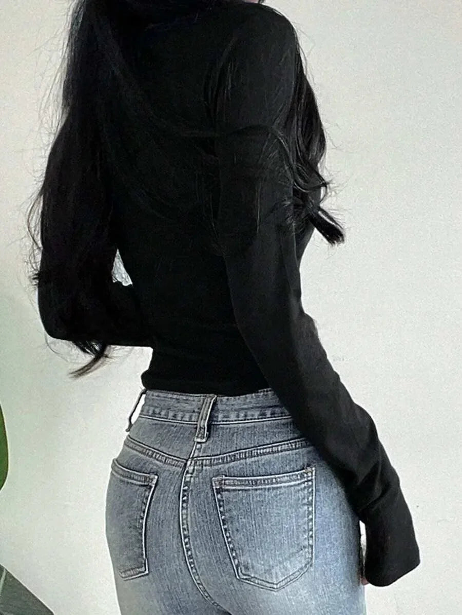 Women Long Sleeve Tops - Sexy Going Out Sweetheart V Neck Basic Shirts Tight Slim Fall Trendy Clothing