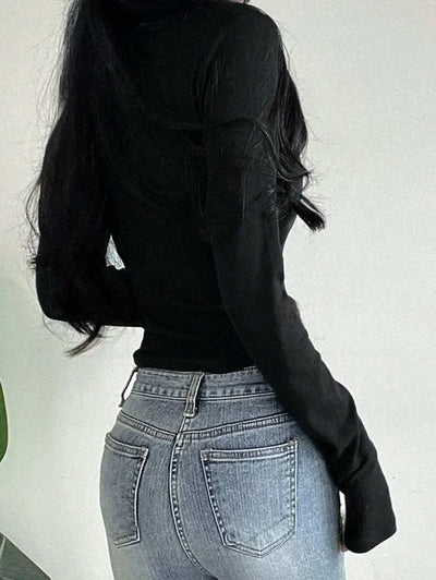 Women Long Sleeve Tops - Sexy Going Out Sweetheart V Neck Basic Shirts Tight Slim Fall Trendy Clothing