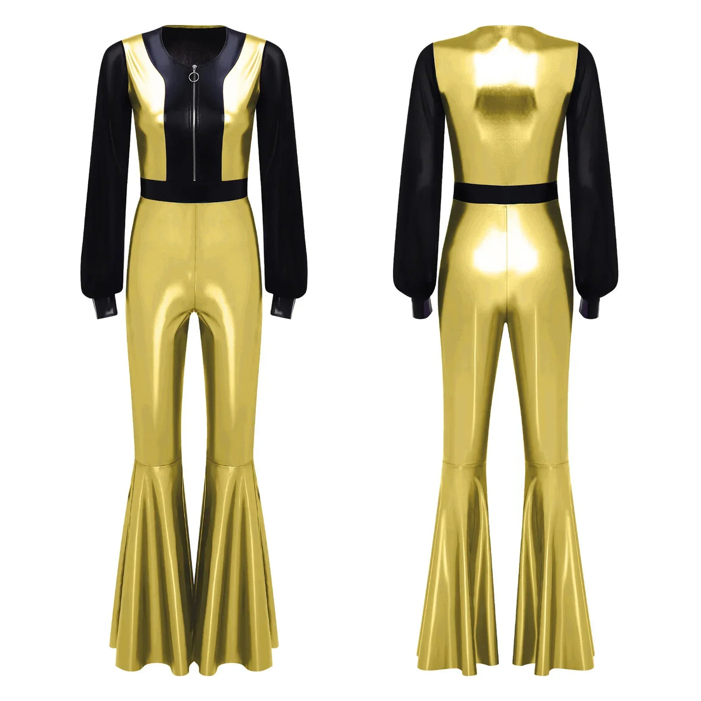 Womens Vintage 70s 80s Disco Dance Jumpsuit Mesh Long Sleeve Bell Bottom Pants Metallic Shiny Rompers Bodysuit Halloween Costume