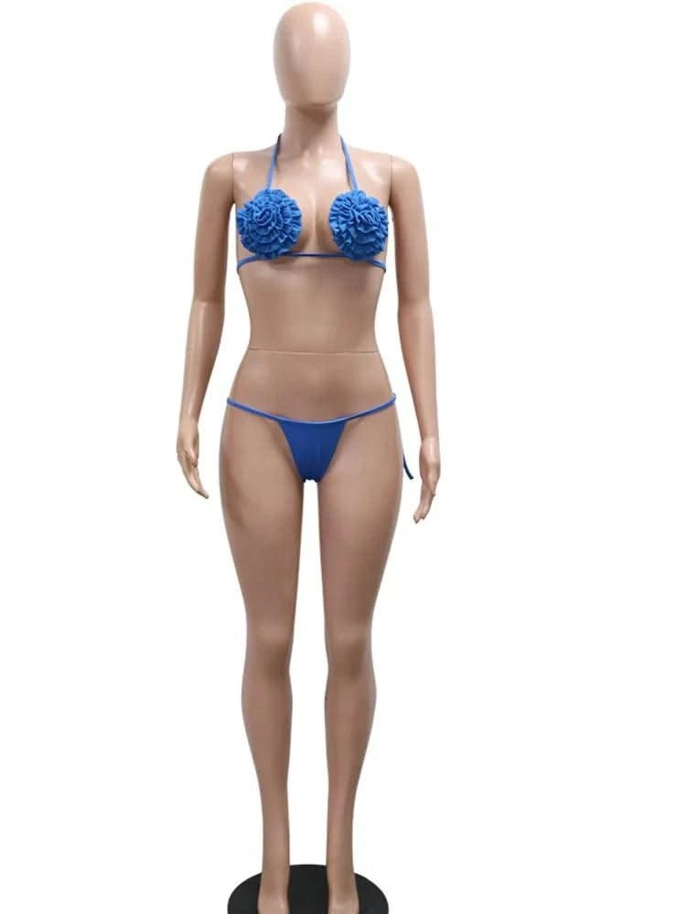 Beyprern Women's Royal Blue 3D Flower Bikini Set 3 Pieces Outfits Summer Sheer Mesh Blossmed Ruched Dress Cover-Up Set Swimsuits