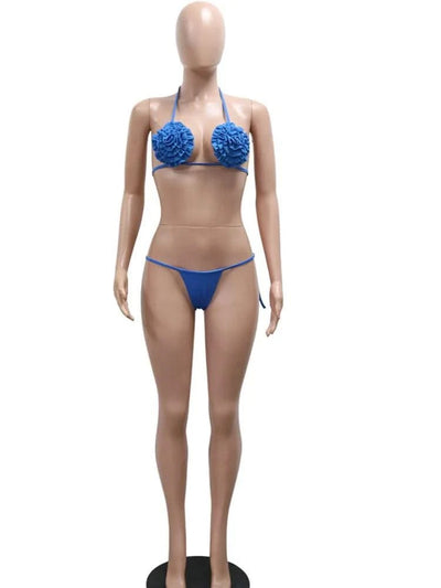 Beyprern Women's Royal Blue 3D Flower Bikini Set 3 Pieces Outfits Summer Sheer Mesh Blossmed Ruched Dress Cover-Up Set Swimsuits