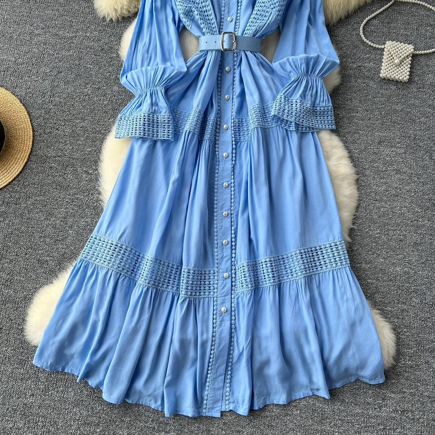 Retro Elegant Summer Stand Collar Flare Sleeve Single Breasted Lace Spliced Dress A-line French Evening Party Women Dresses
