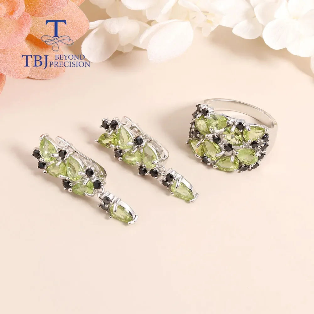 Fashion Peridot Jewelry set natural Gemstone Earring Ring 925 steling siver fine jewelry for women nice gift