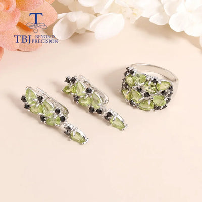 Fashion Peridot Jewelry set natural Gemstone Earring Ring 925 steling siver fine jewelry for women nice gift