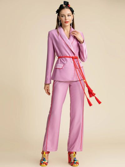 LD LINDA DELLA Fashion Designer Autumn Purple Pants Suit Women's Slim Long sleeve Belted Blazer and Pants Two Pieces Sets