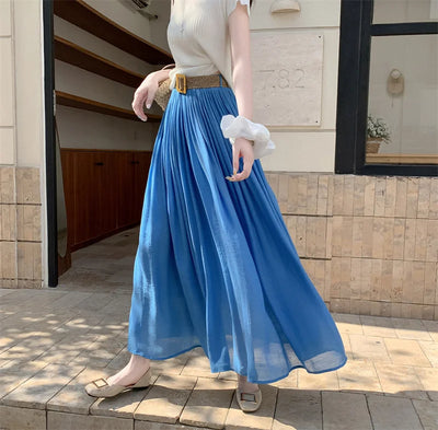 2025 New High Waisted Cotton Linen Pleated Midi Skirt – Summer Flowy A-Line Maxi Skirt for Women, Breathable & Elegant