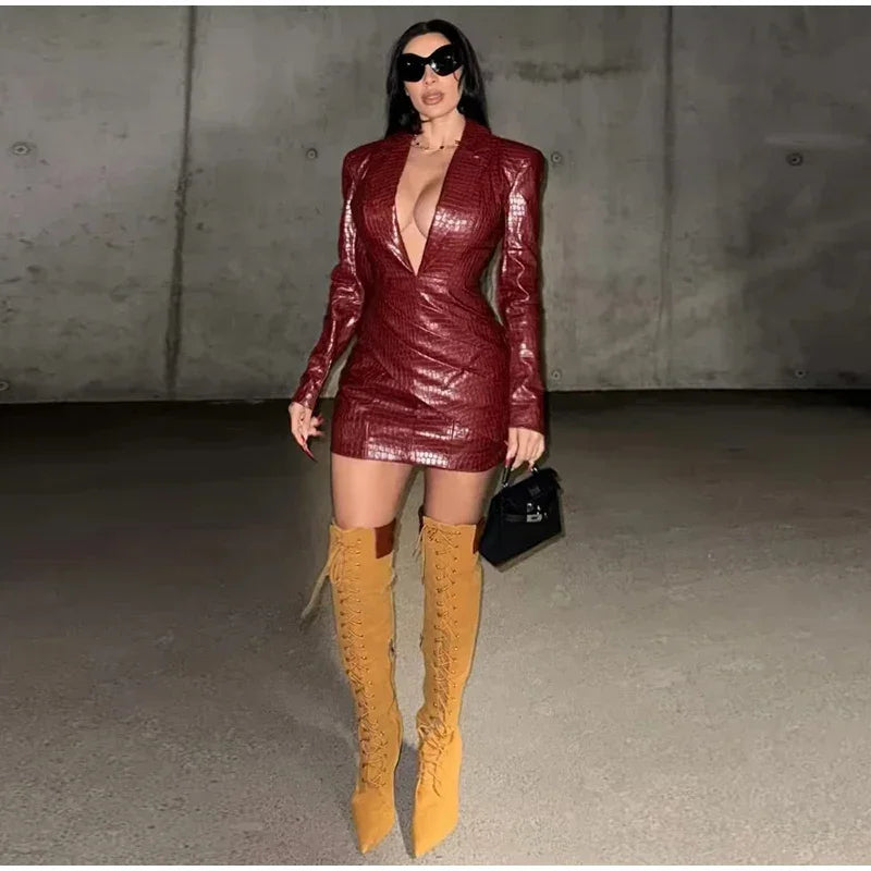 Sexy Pu Leather Women Maxi Dresses Fashion Sleeveless Backless Pleated Hip Package Female Robe Chic Ladies Party Evening Dress