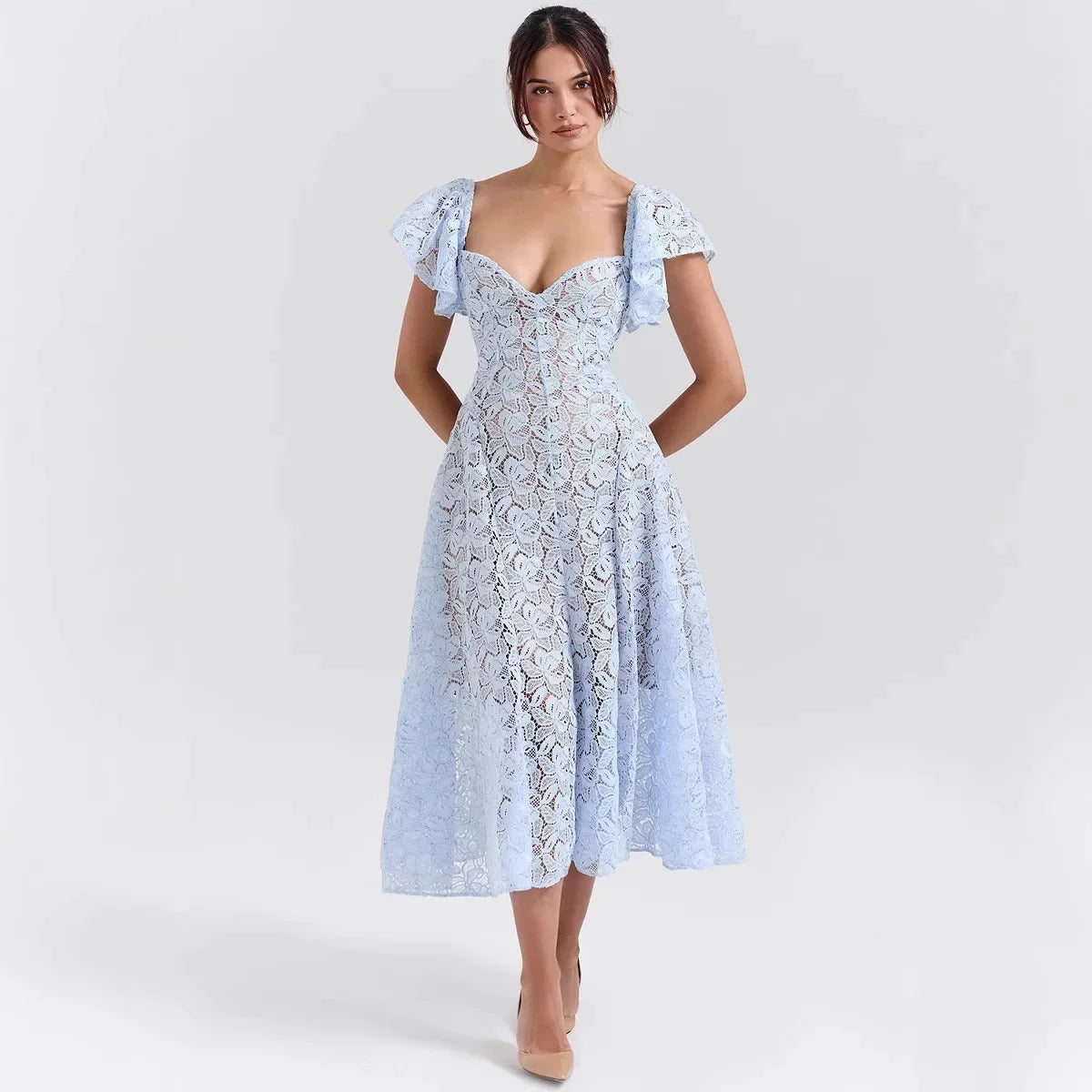 Elegant Flare Short Sleeve Flower Embroidery Long Prom Dresses Women Summer Holiday Low Cut Pleated Midi Evening Dress