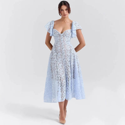 Elegant Flare Short Sleeve Flower Embroidery Long Prom Dresses Women Summer Holiday Low Cut Pleated Midi Evening Dress