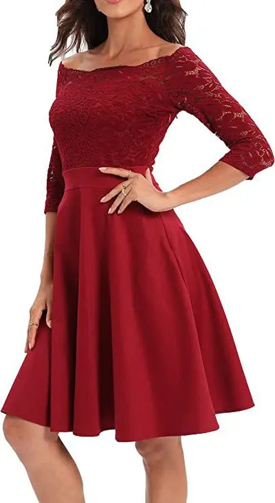 Women Elegant Wedding Bridesmaid Dinner Dress Sexy Lace Off Shoulder Party Dresses Solid Color Half Sleeve Evening Gown Vestido