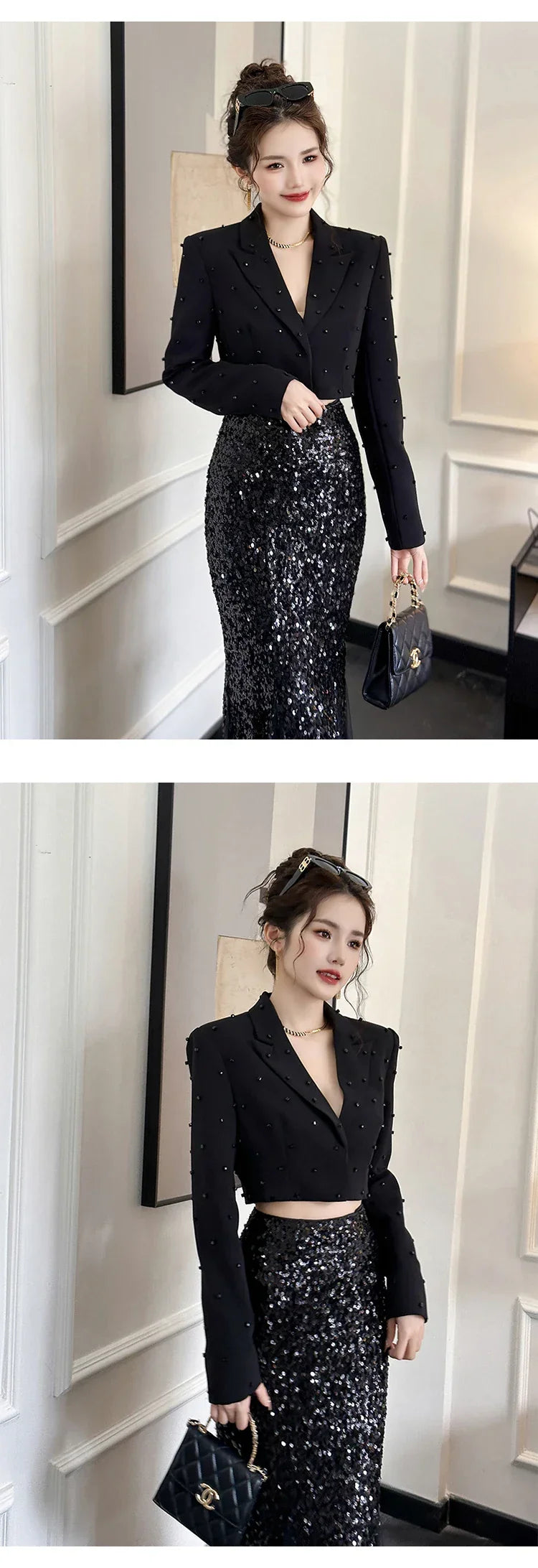 Fashion Chic Women's Blazer Office Lady Bright Black Long Sleeve Short Casual Party Coat Ladies Outerwear Stylish Cropped Tops