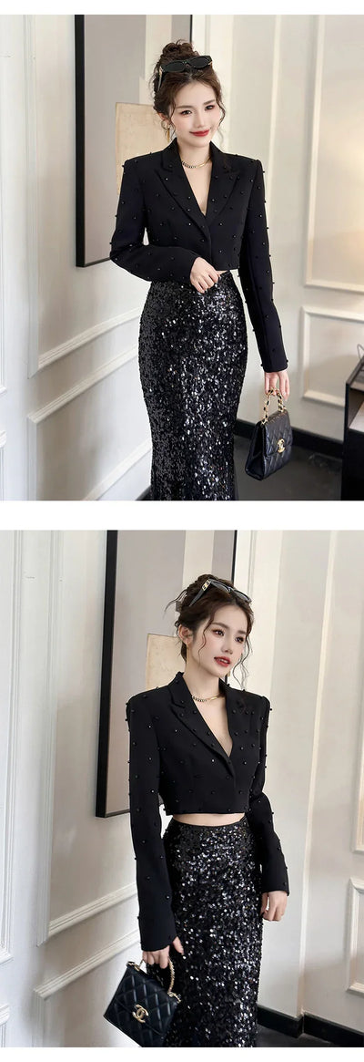 Fashion Chic Women's Blazer Office Lady Bright Black Long Sleeve Short Casual Party Coat Ladies Outerwear Stylish Cropped Tops