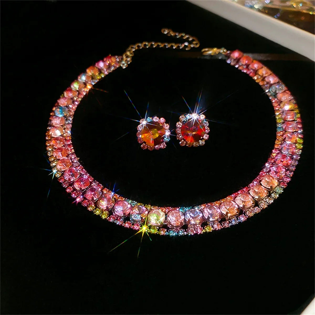 Luxury Crystal Necklace Earrings Set Pink ABcolourful Necklace for Women Weddings Party Jewelry Sets Accessories