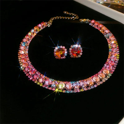Luxury Crystal Necklace Earrings Set Pink ABcolourful Necklace for Women Weddings Party Jewelry Sets Accessories