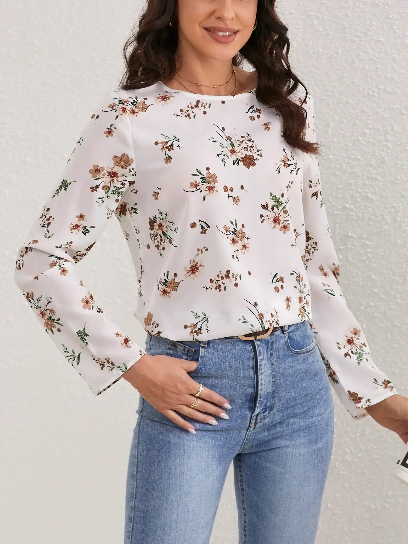 Ladies Floral Print O Neck Casual Long Sleeve Blouse Women Tops Shirts