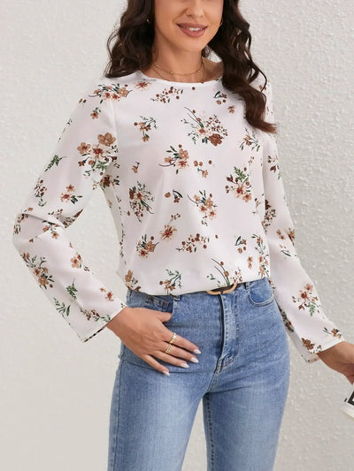 Ladies Floral Print O Neck Casual Long Sleeve Blouse Women Tops Shirts
